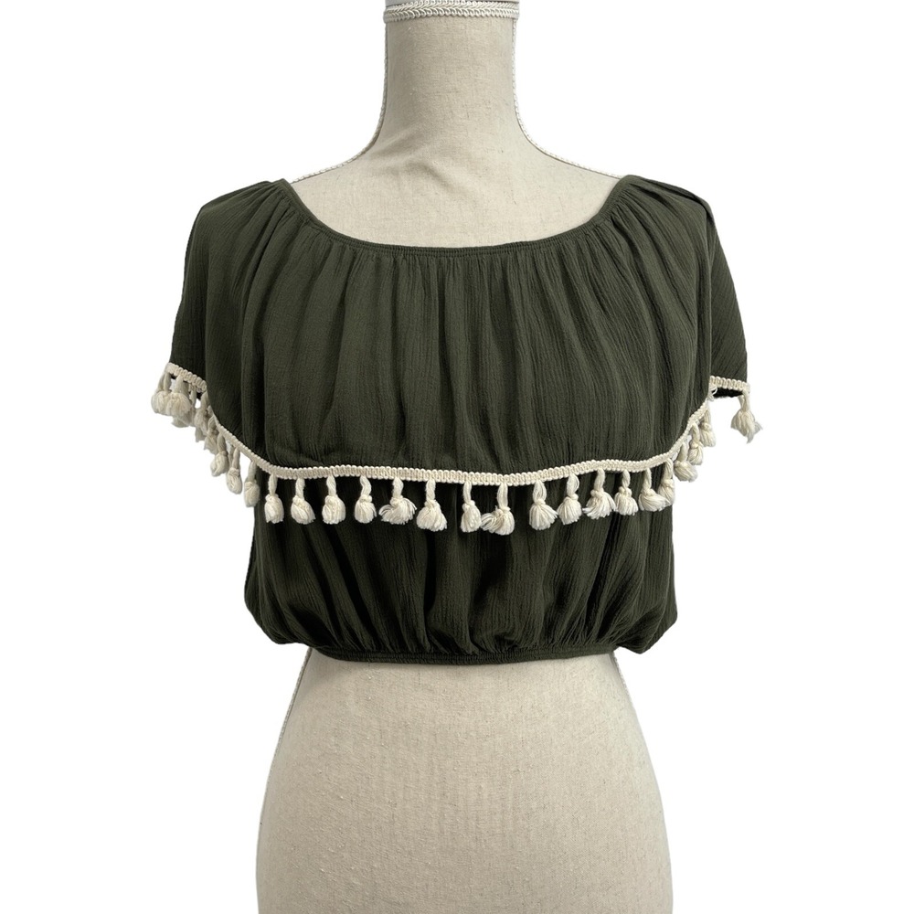 Lavender Field Top Womens Off Shoulder Boho Crop Olive Green Tasseled Medium